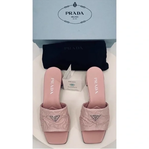Prada Crinkled Leather Block-Heel Slip on Logo Mules Sandals size 8 Pale Pink - Picture 2 of 12